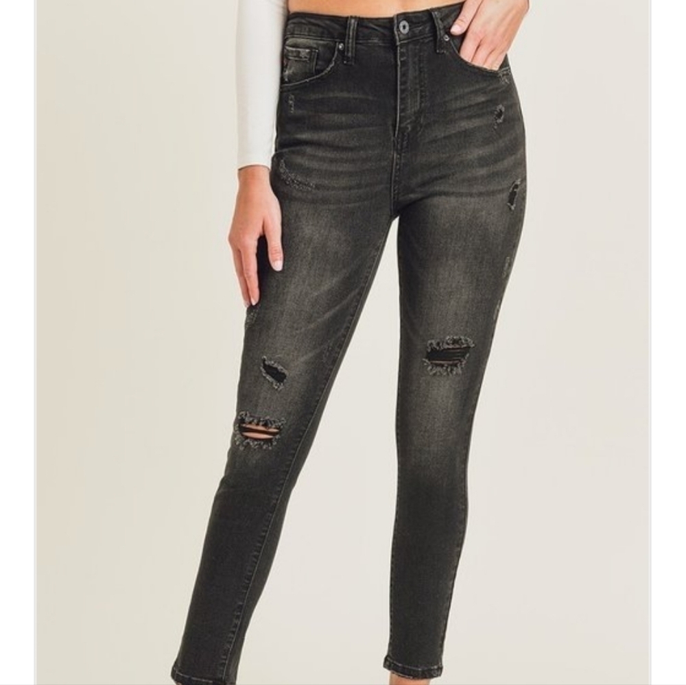 Risen High Rise Distressed Vintage Washed Black Skinny Jeans 27/5